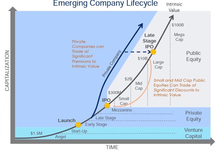 Emerging Company Lifecycle diagram. A capitalisation-vs-time curve showing the migration from Angel ($1.5m) to Launch, Late Stage, IPO ($300m), Late Stage IPO ($10bn) and Mega Cap ($100bn). Private companies can trade at significant premiums to intrinsic value; small and mid cap public equities can trade at significant discounts to intrinsic value.